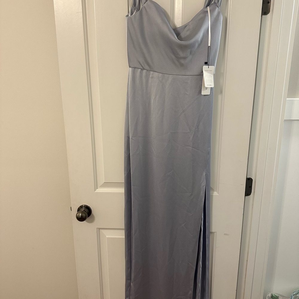 Jenny Yoo Satin Cowl Neck Evening Gown in Silver